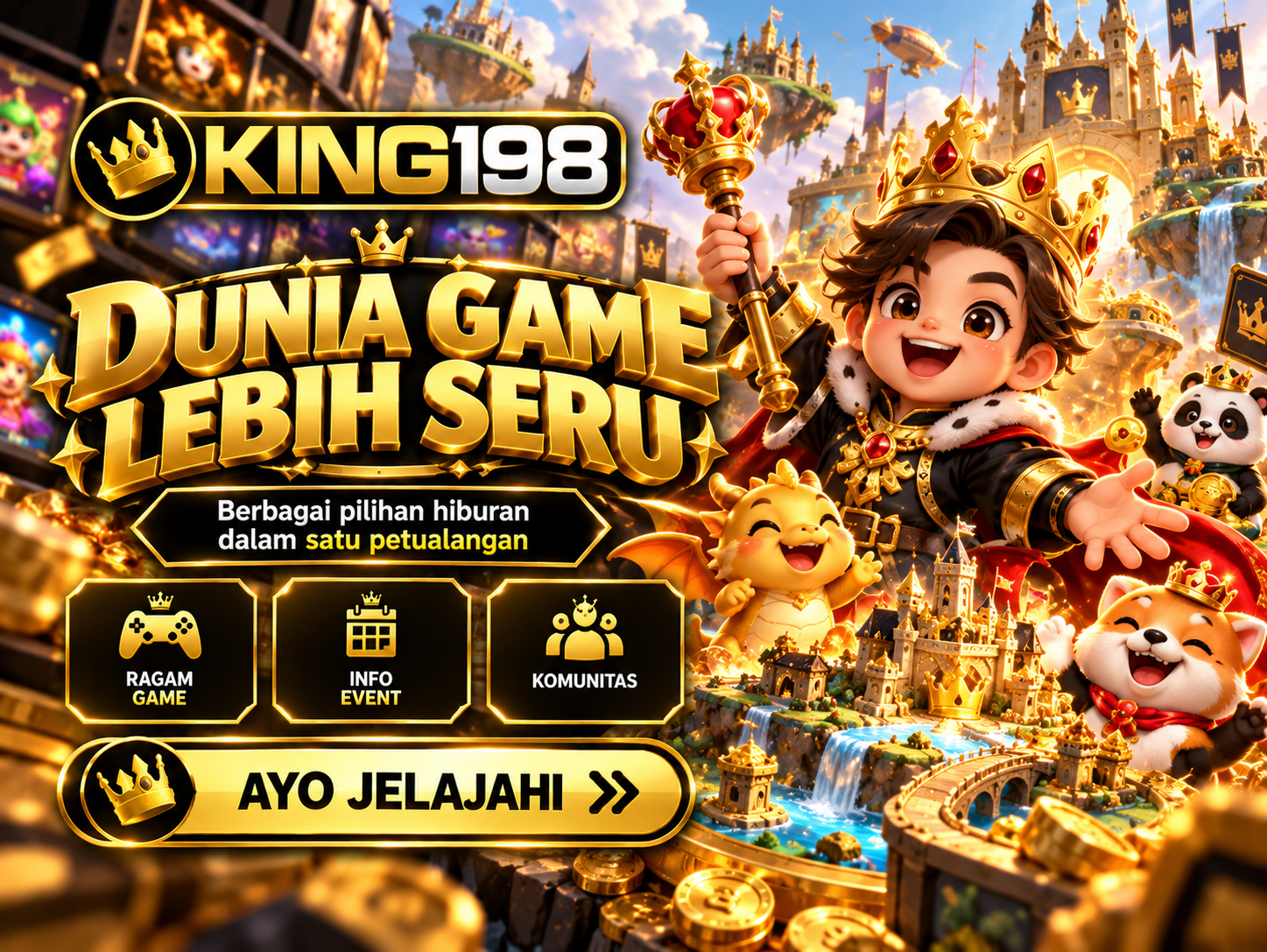Banner KING198 kartun 3D dengan maskot raja, ekspresi ceria, dan dunia miniatur emas.